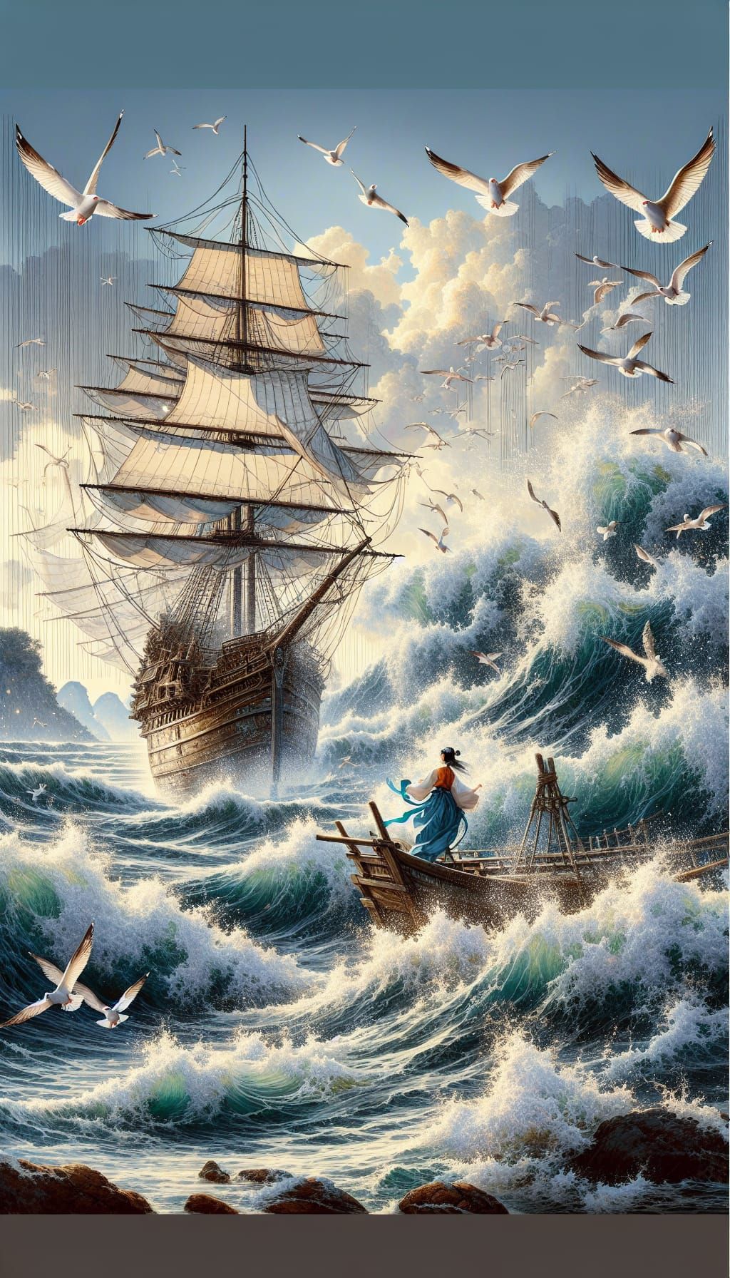 Korean Girl's Sea Voyage: Japanese-Inspired Digital Art