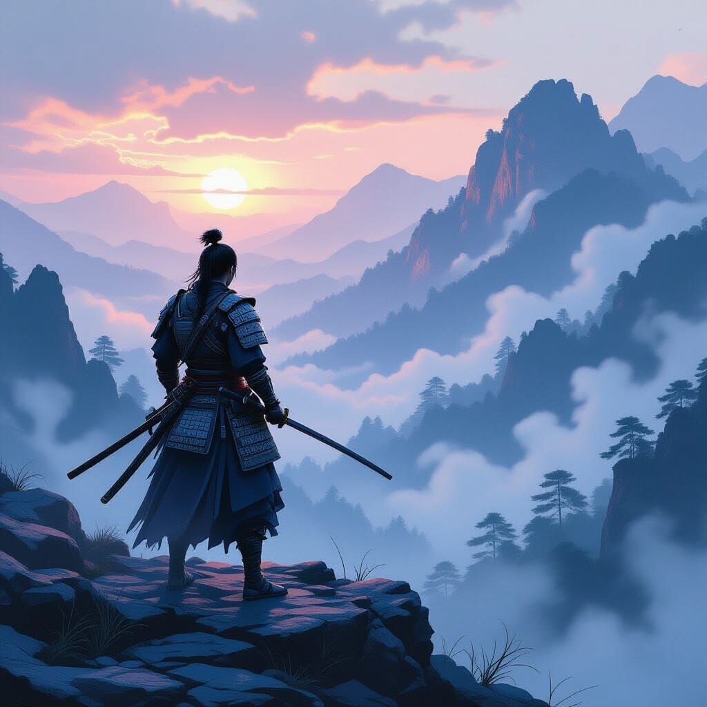 Samurai on Windswept Peak in Dark Fantasy Style