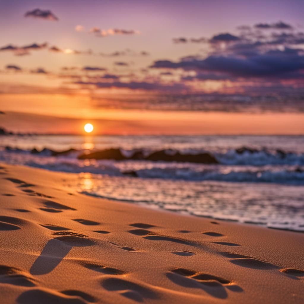 Beach Sunset with Footprints in Golden Hour