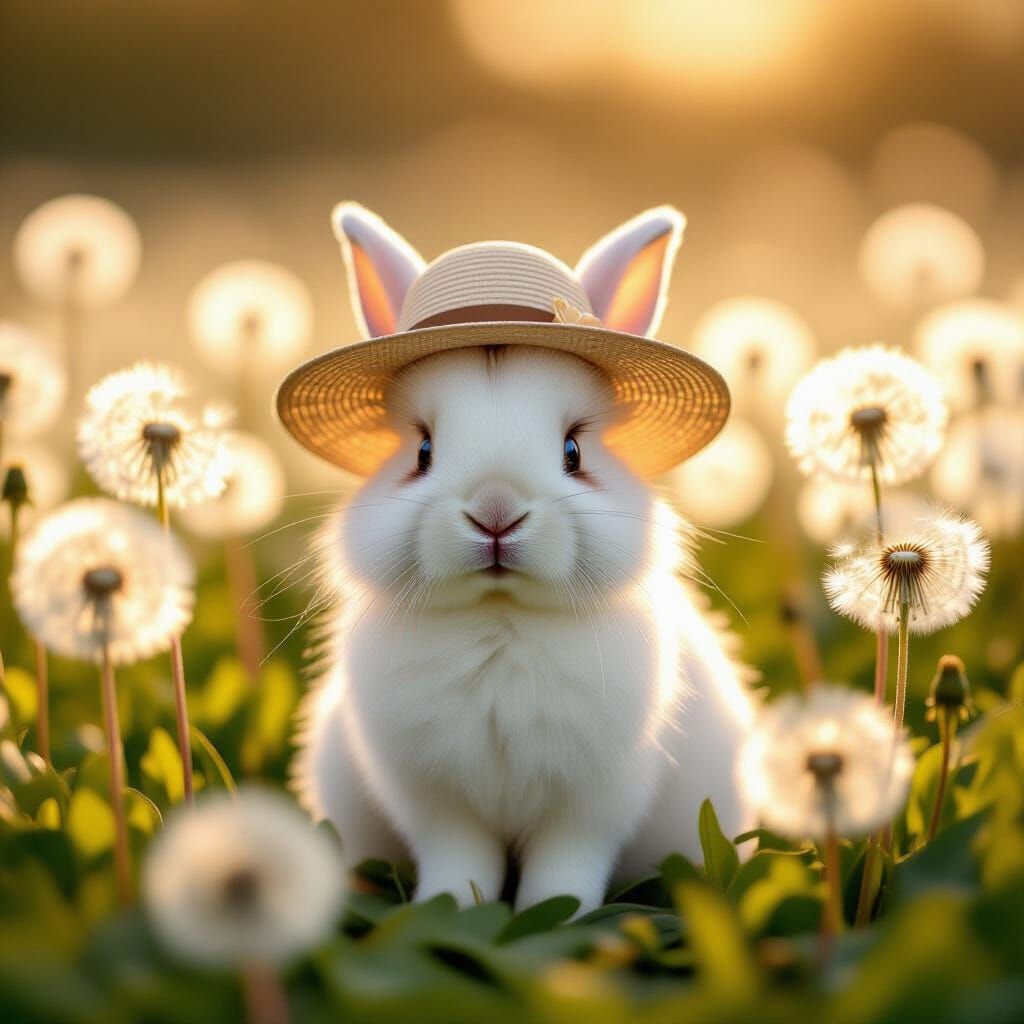 Fluffy Rabbit in Dandelion Field with Golden Hour Light