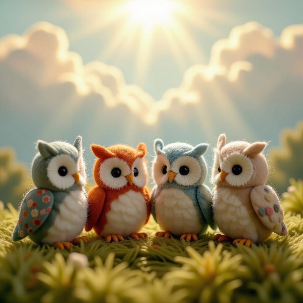 Felted Owls Gather in Ethereal Light