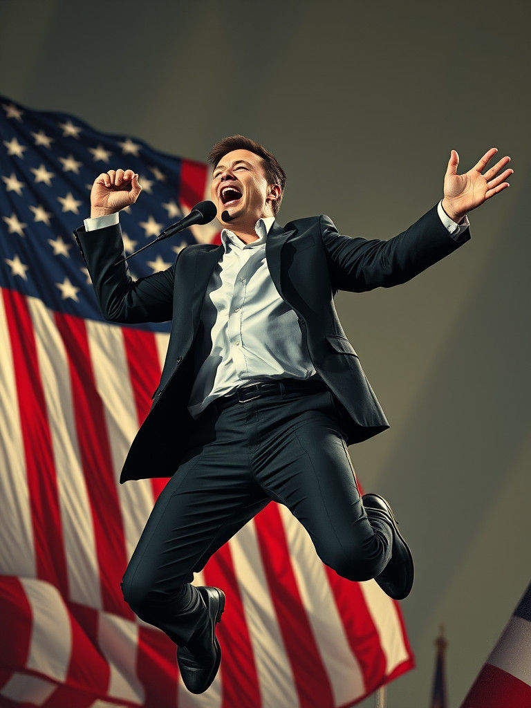 Patriotic Figure Leaps Before American Flag