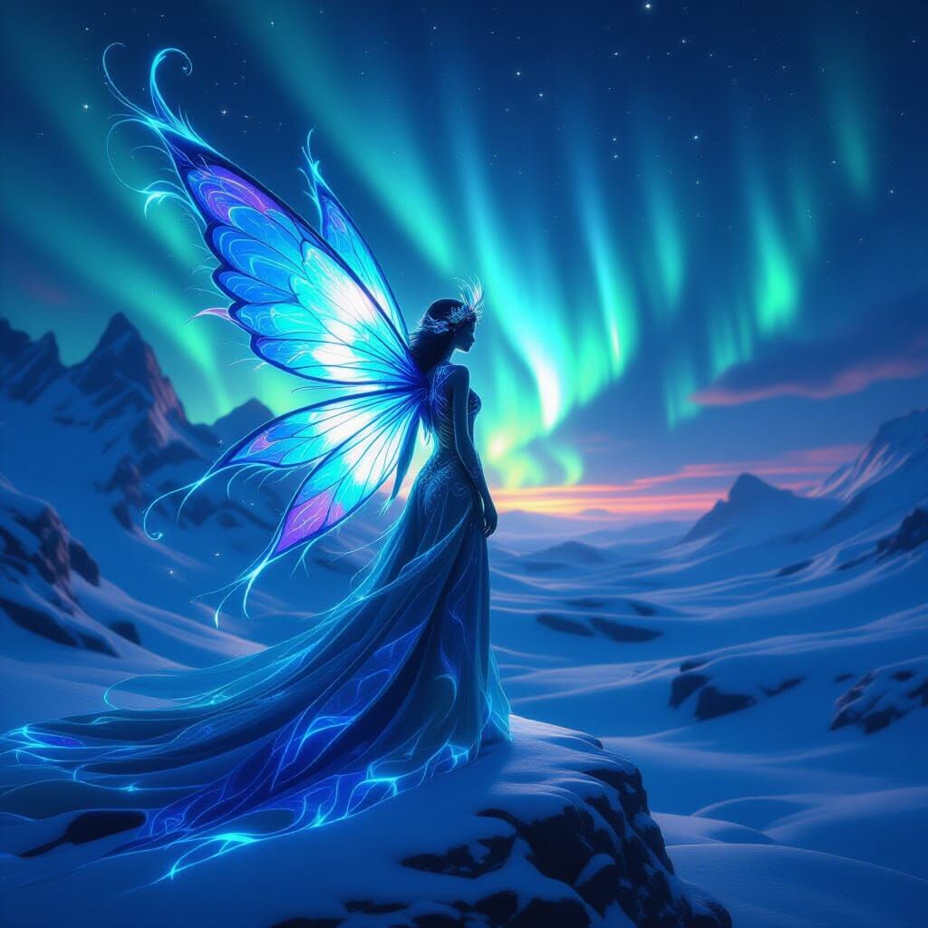 Ethereal Fairy Born of Northern Lights in Fantasy Landscape