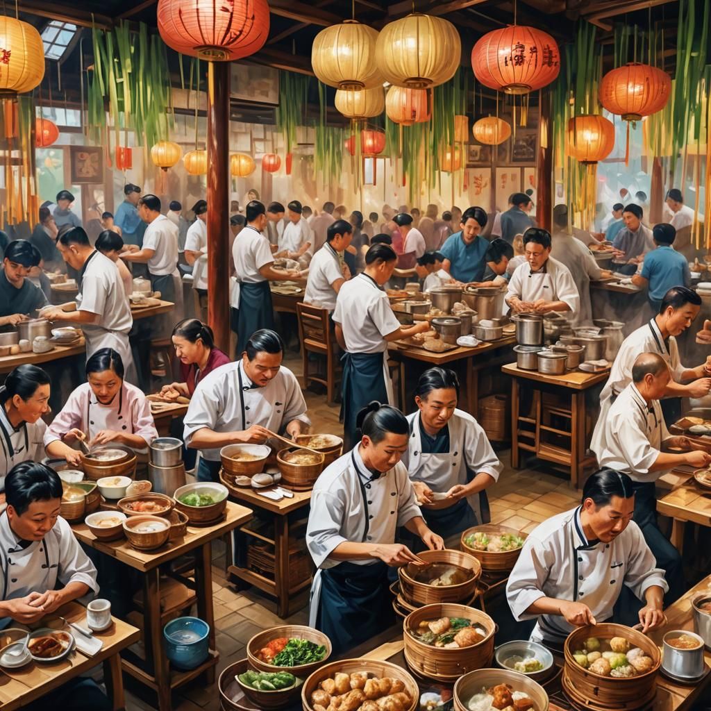 Vibrant Dim Sum Shop Splash Art in Ettore Sottsass Colors