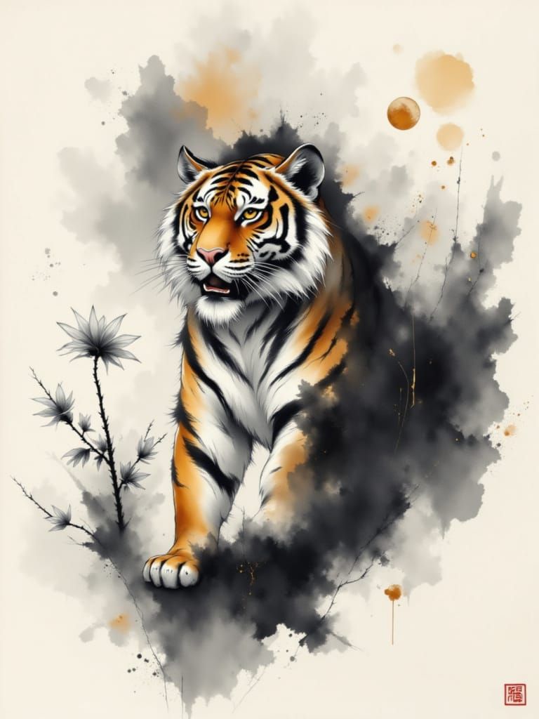 Mystical Tiger in Traditional Sumi-e Ink Painting