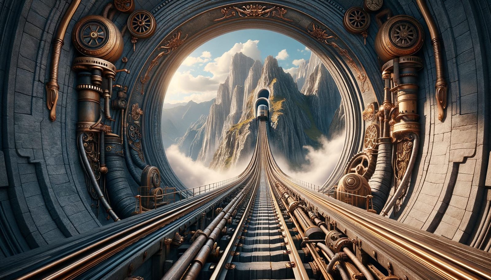 Steampunk Monorail Emerges from Mountain Tunnel