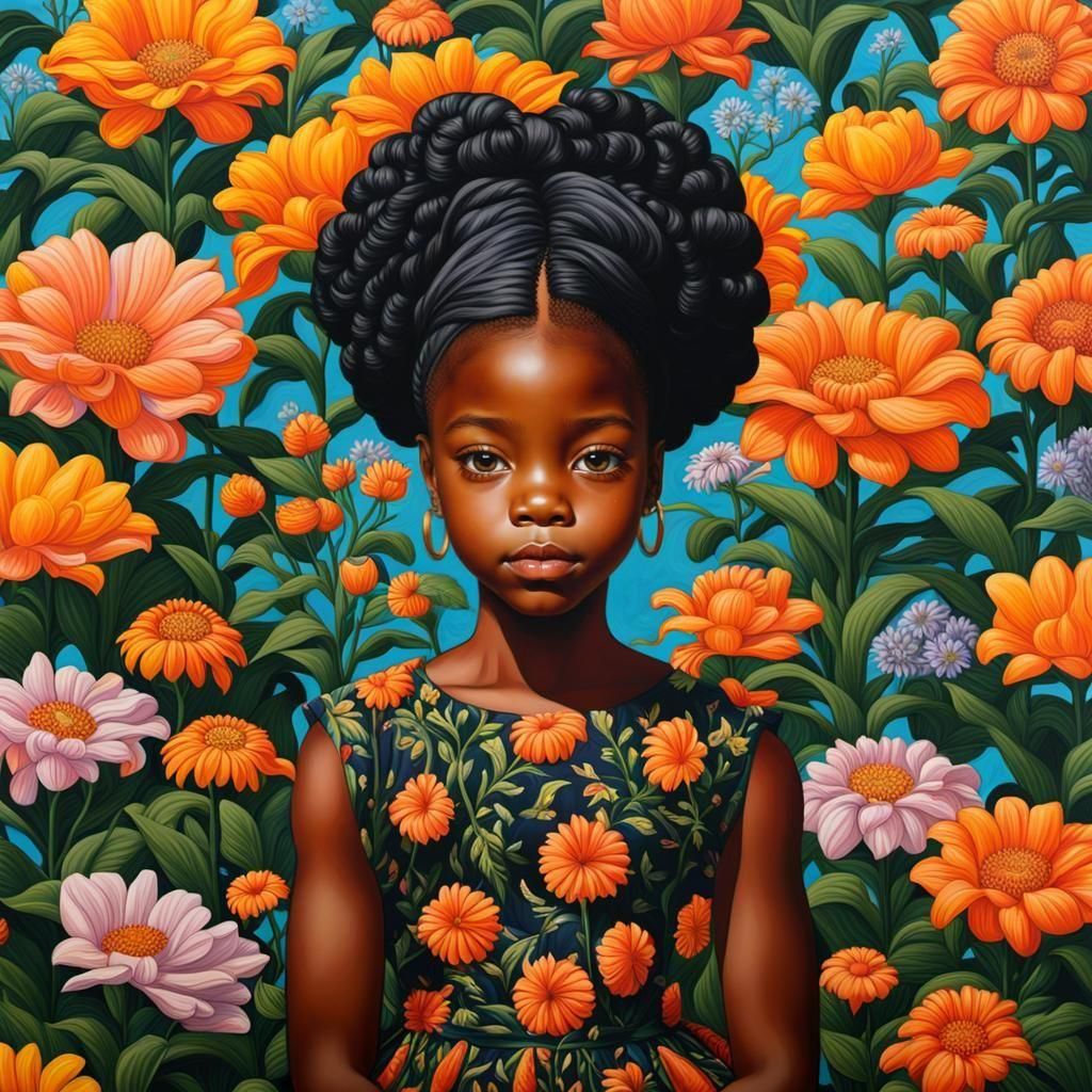 Black Girl in Floral Field, Contemporary Portrait