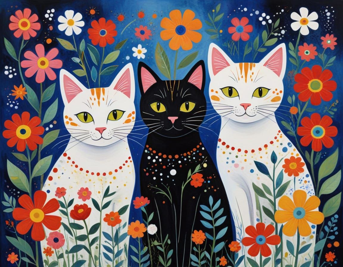 Vibrant Felines in Whimsical Mid-Century Modern Art