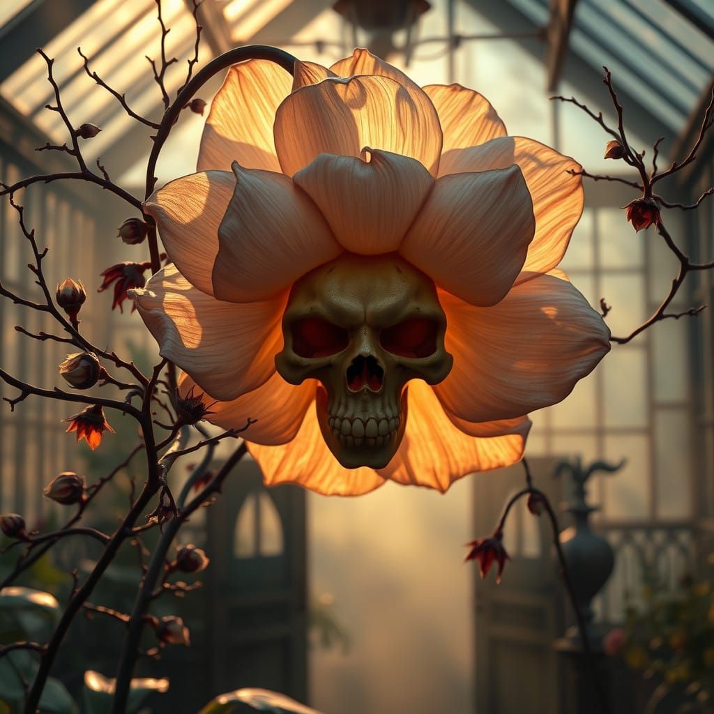 Translucent Flower with Skull Center in Haunting Surrealist...