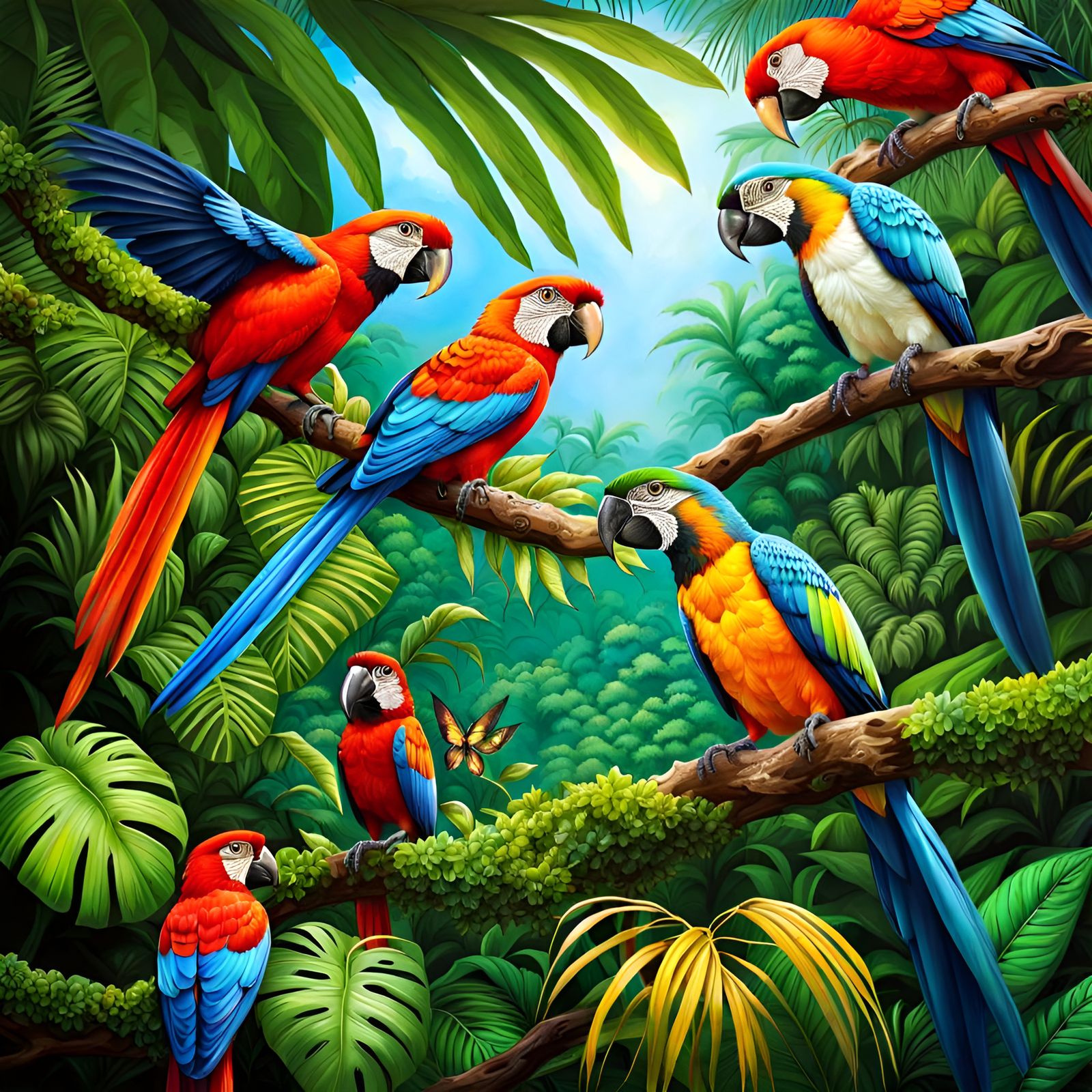 Lush Amazon Jungle with Colorful Birds