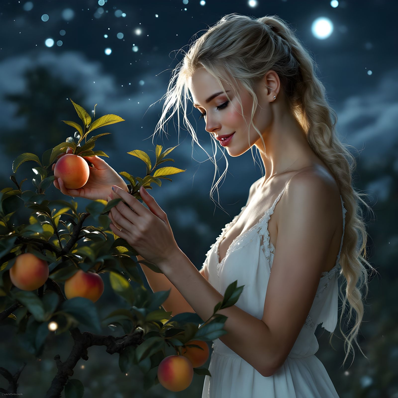 Norse Goddess Reaching for Peach in Ethereal Fantasy Style