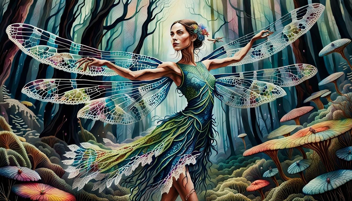 Dragonfly Woman Dancing in Forest, Watercolor Painting