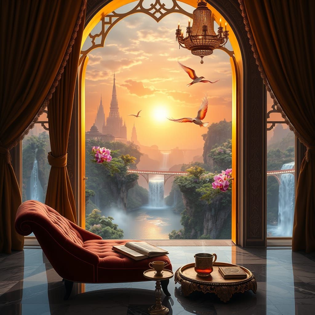 Celestial Metropolis Panorama through Majestic Golden Window