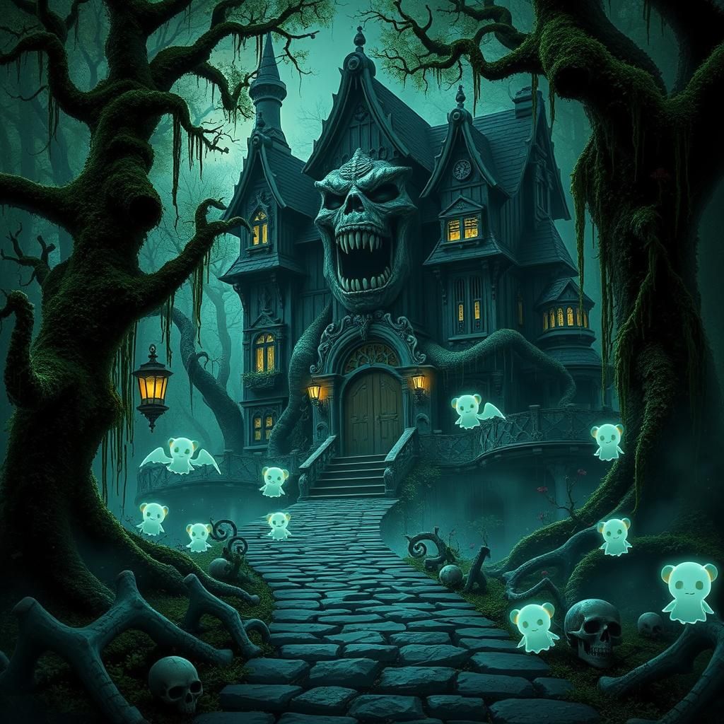 Mystical Ghoul Mansion in Dreamlike Teal Hues
