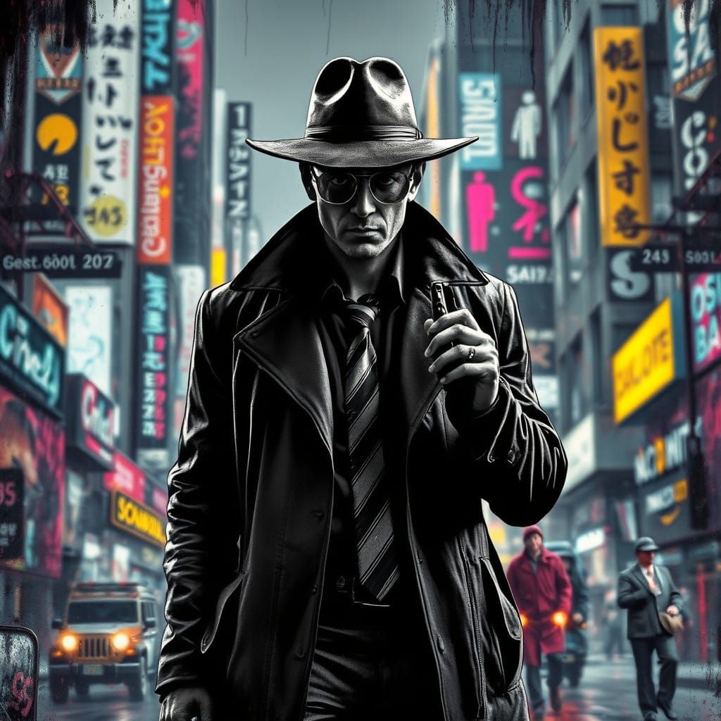 Cyberpunk Detective in Retrofuturistic Cityscape