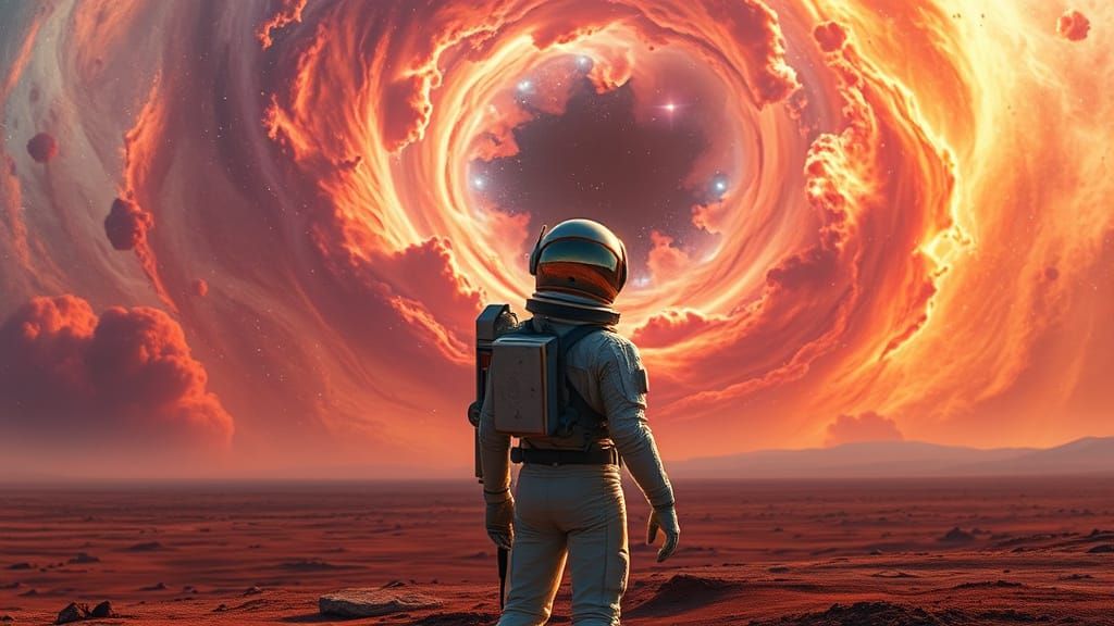 Astronaut Gazing Up at a Swirling Nebula in a Barren Alien L...