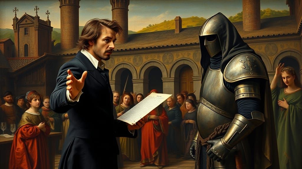 Shakespeare Directs Hamlet in Bosch Style Oil Painting