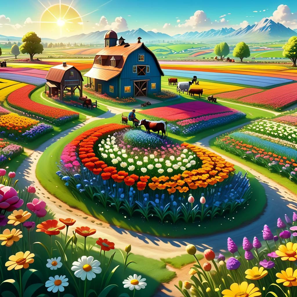 Miniature Farm Amidst Blooming Flower Field