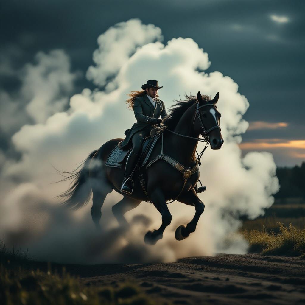 Ethereal Wind Rides Steam Horse in Cinematic Style