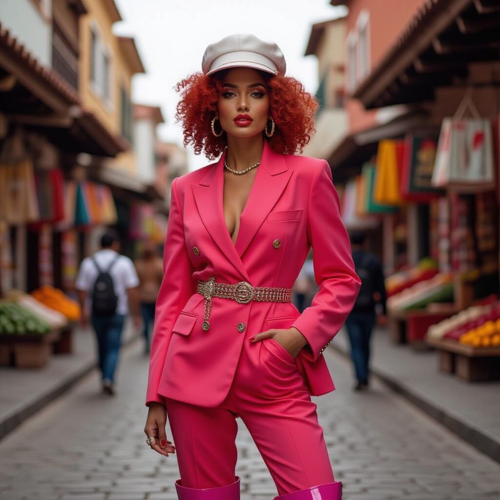Singer Poses in Pink Suit at Mexican Market