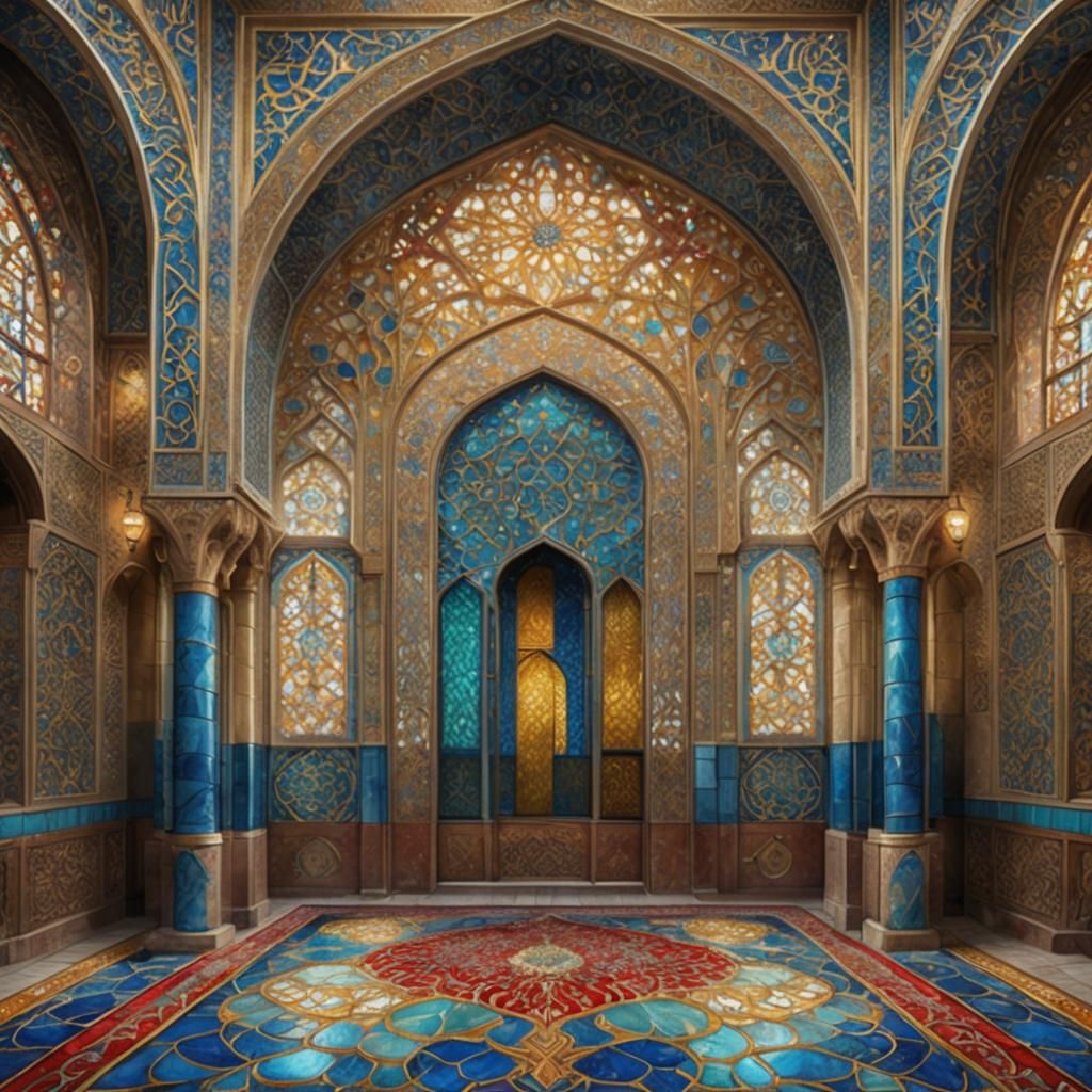 Radiant Art Nouveau Mosque Interior in Stained Glass