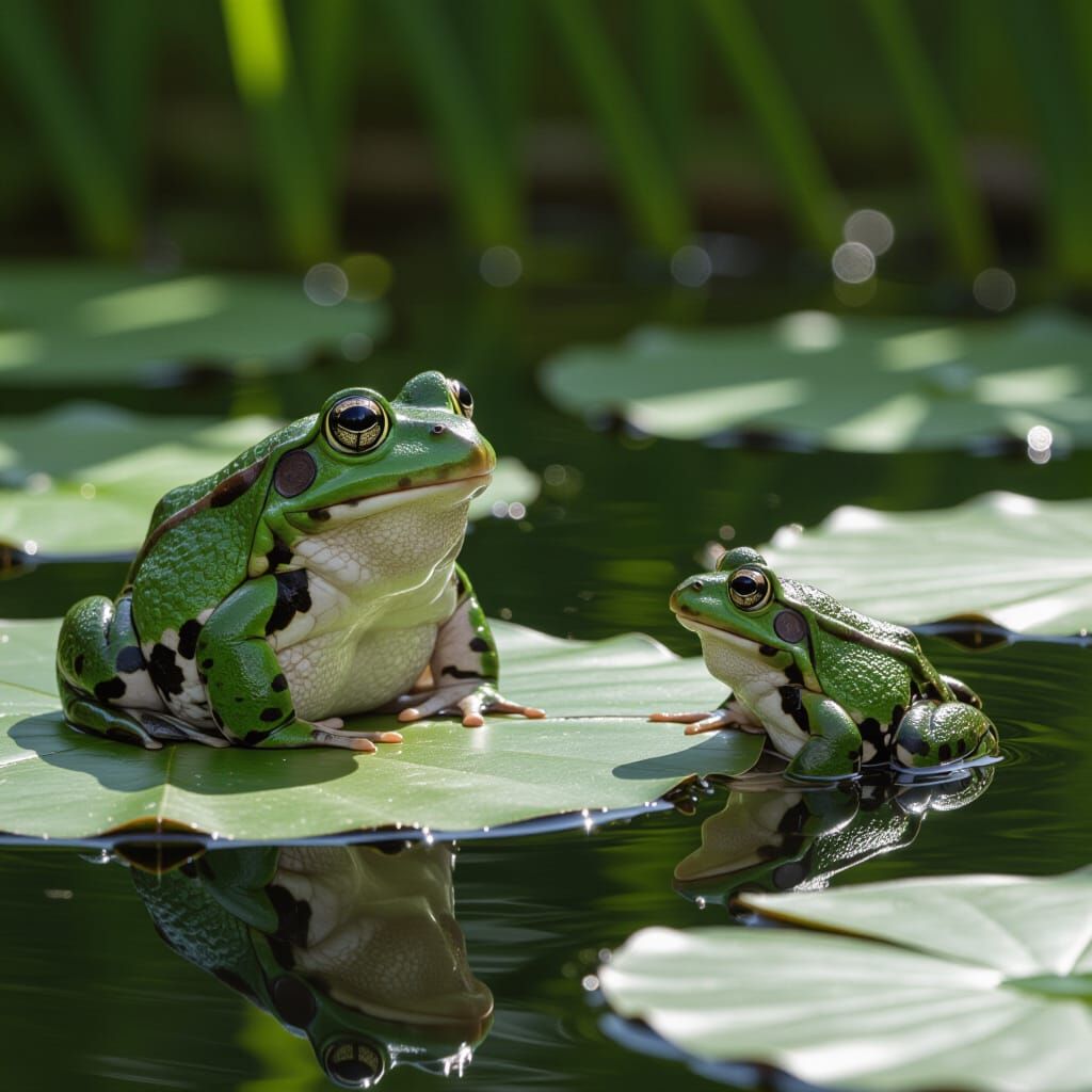 Startled Frog on Lily Pad in Shadowy Pond