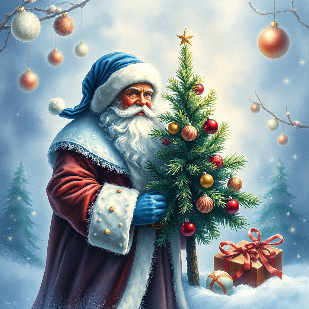 Santa Claus in Blue Watercolor Christmas Scene
