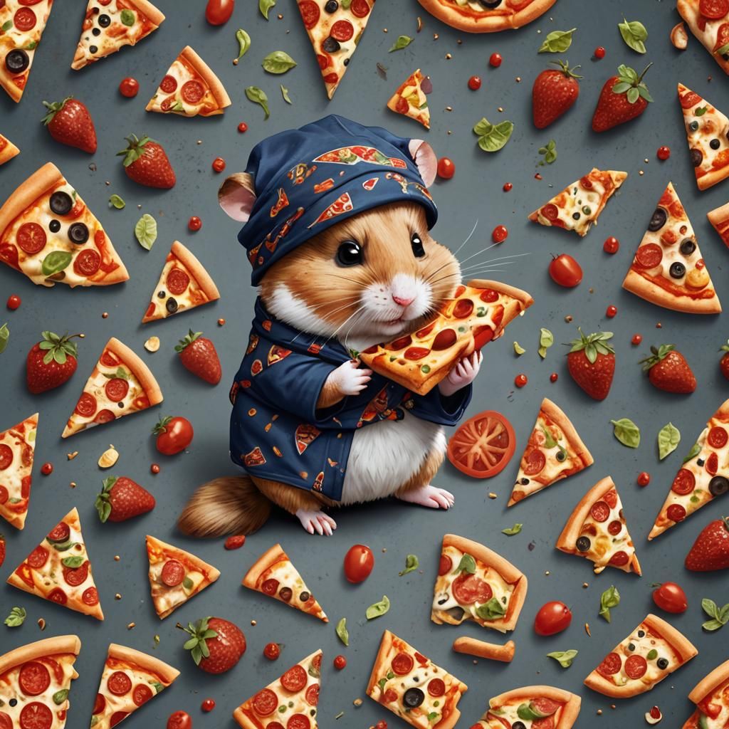 Hamster with Bandana Eats Pizza: Detailed Digital Art
