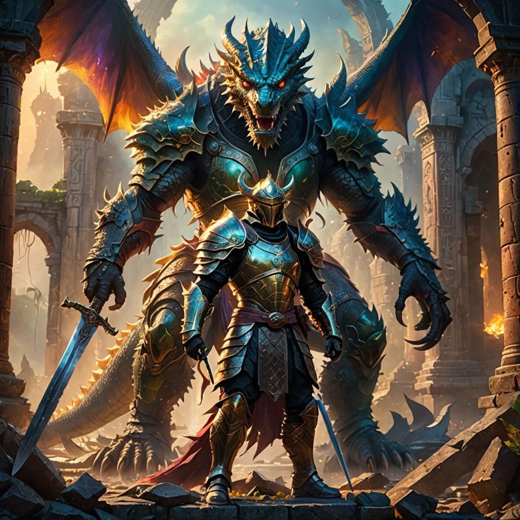Warrior Confronts Five-Headed Dragon in Ancient Ruins