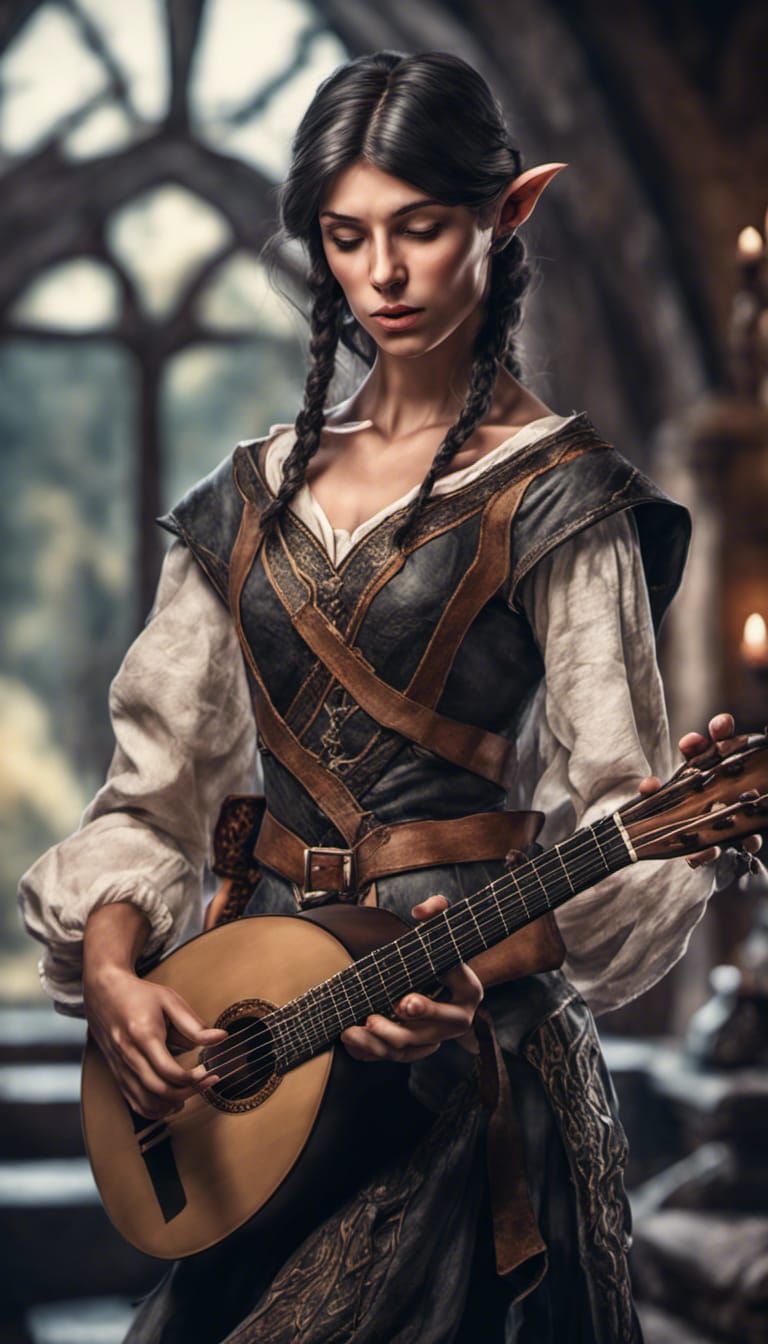 Dark Elf Plays Lute in Hyperrealistic Detail