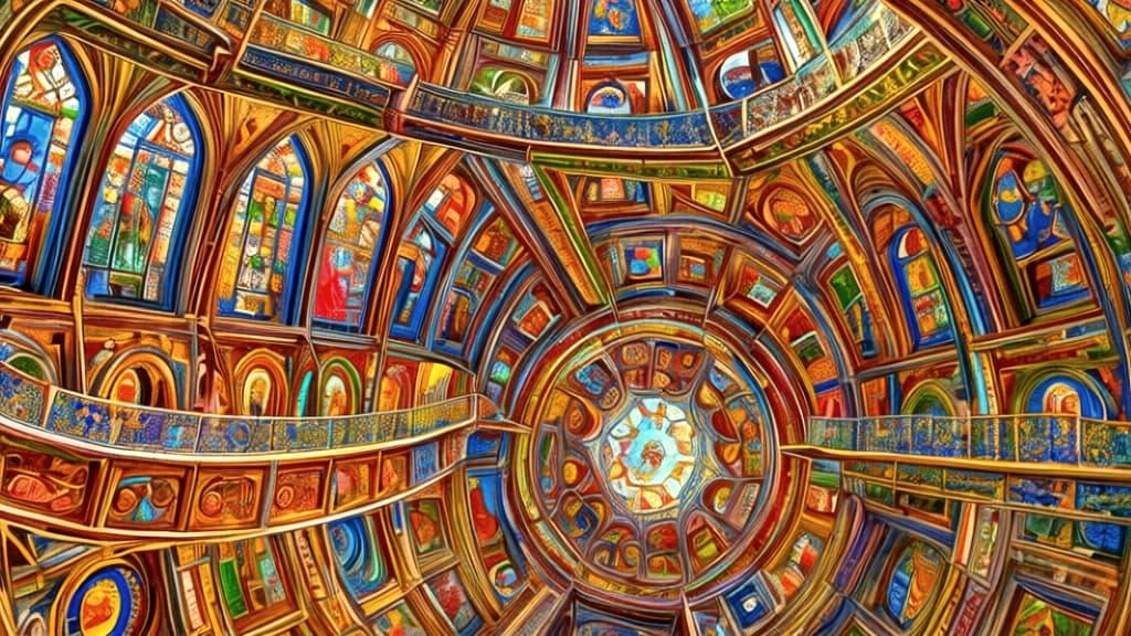 Escher-Inspired Cathedral Interior with Cosmic Stained Glass