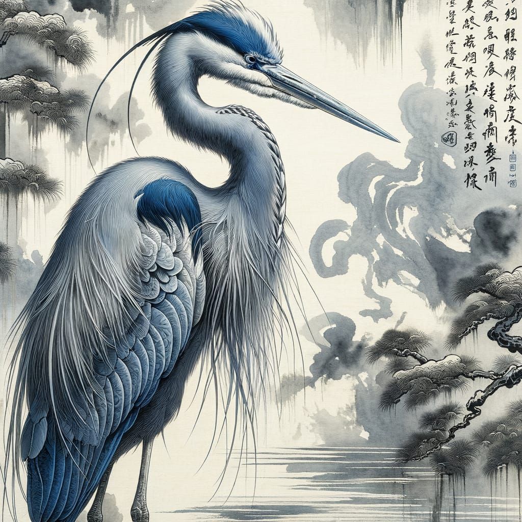 Blue Heron Impressionist Chinese Ink Painting