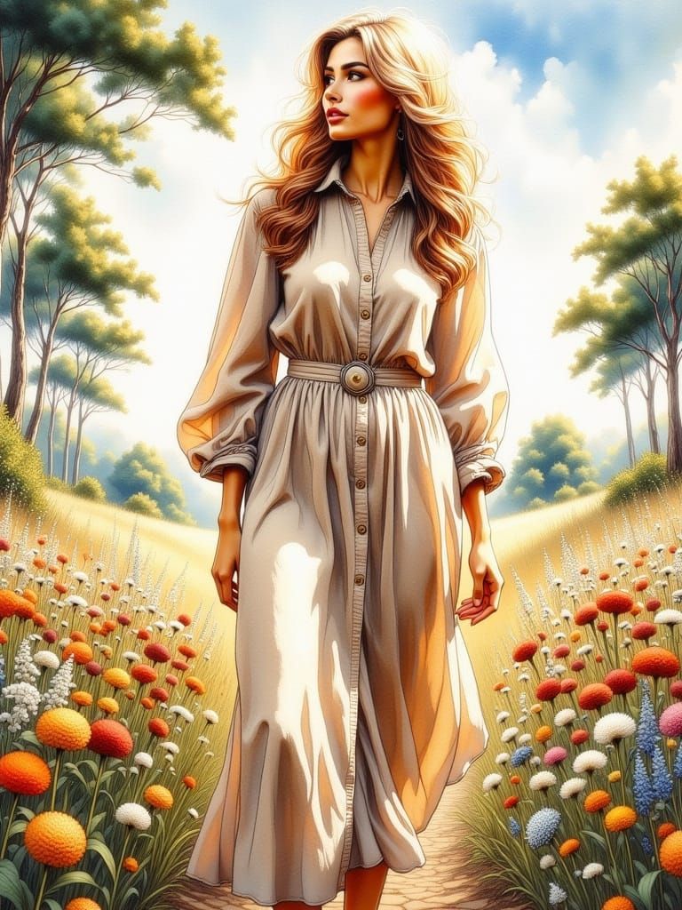 Blonde Woman in Summer Dress in English Landscape