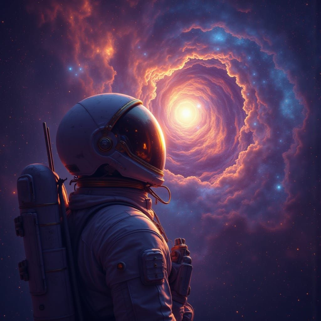 Astronaut Gazes at Swirling Nebula in Digital Matte Painting