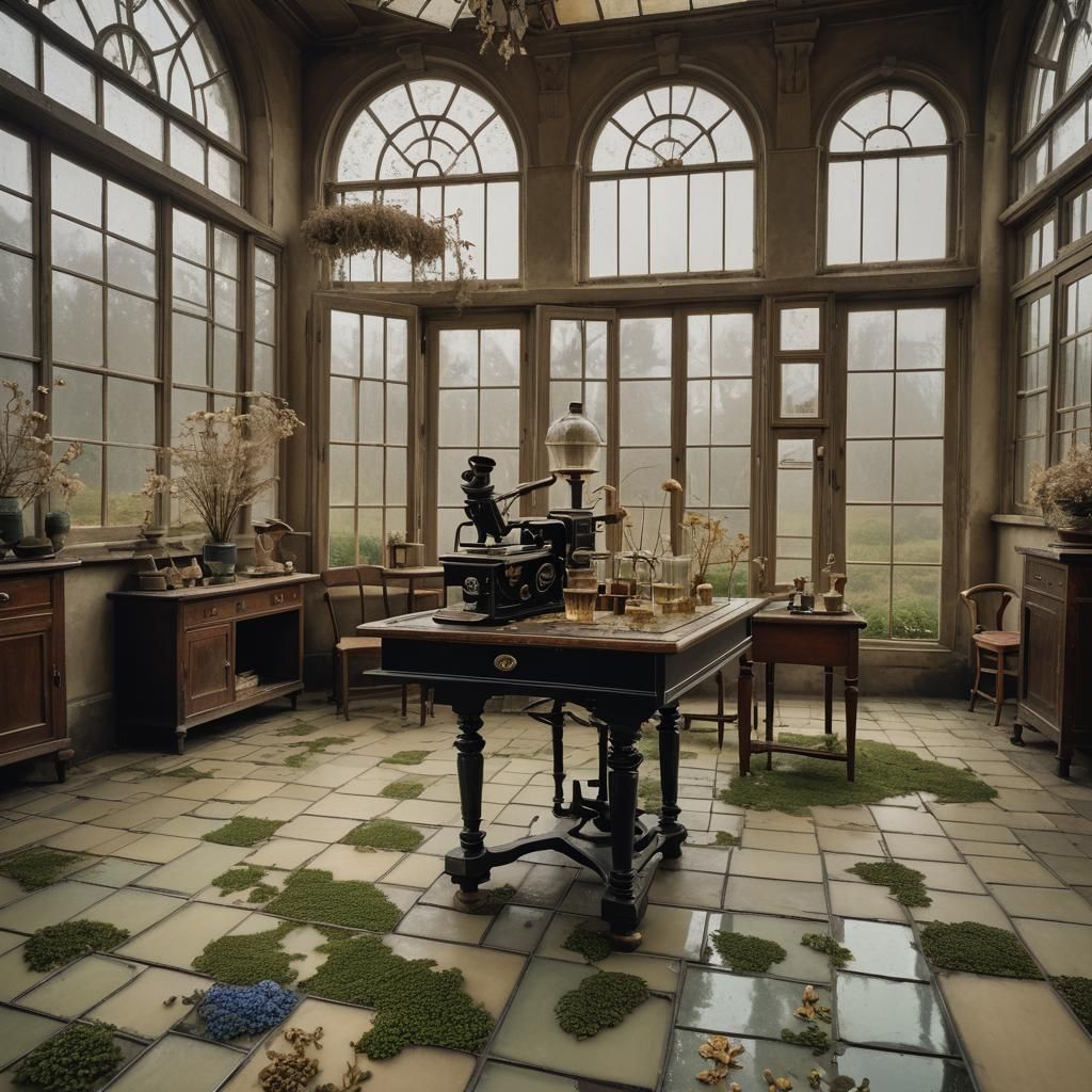 Antique Teahouse with Scilla Flowers, Digital Painting