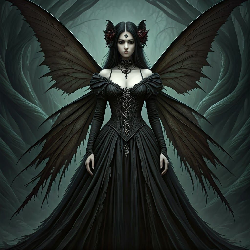 Gothic Fairy with Bat Wings in Dark Landscape