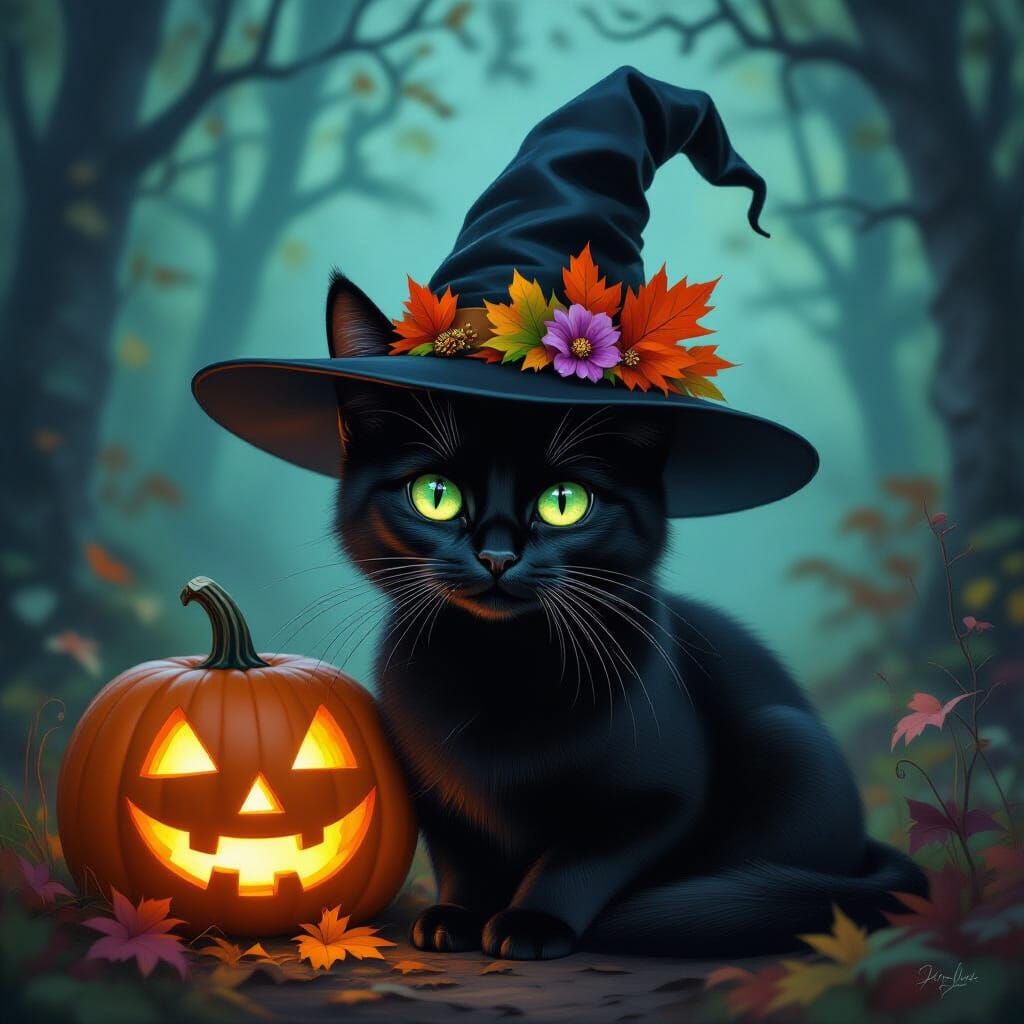 Black Cat in Witch Hat with Glowing Pumpkin