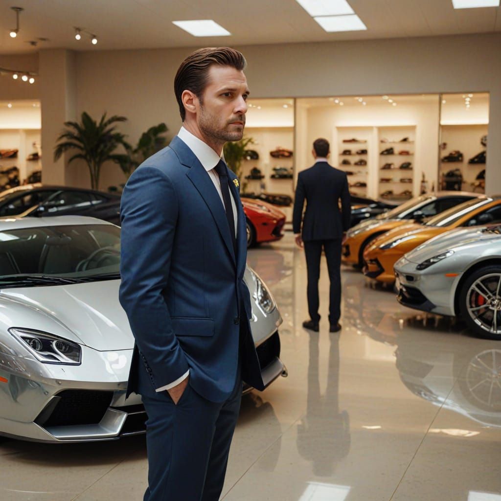 Focused Manager Oversees Exotic Cars in Showroom