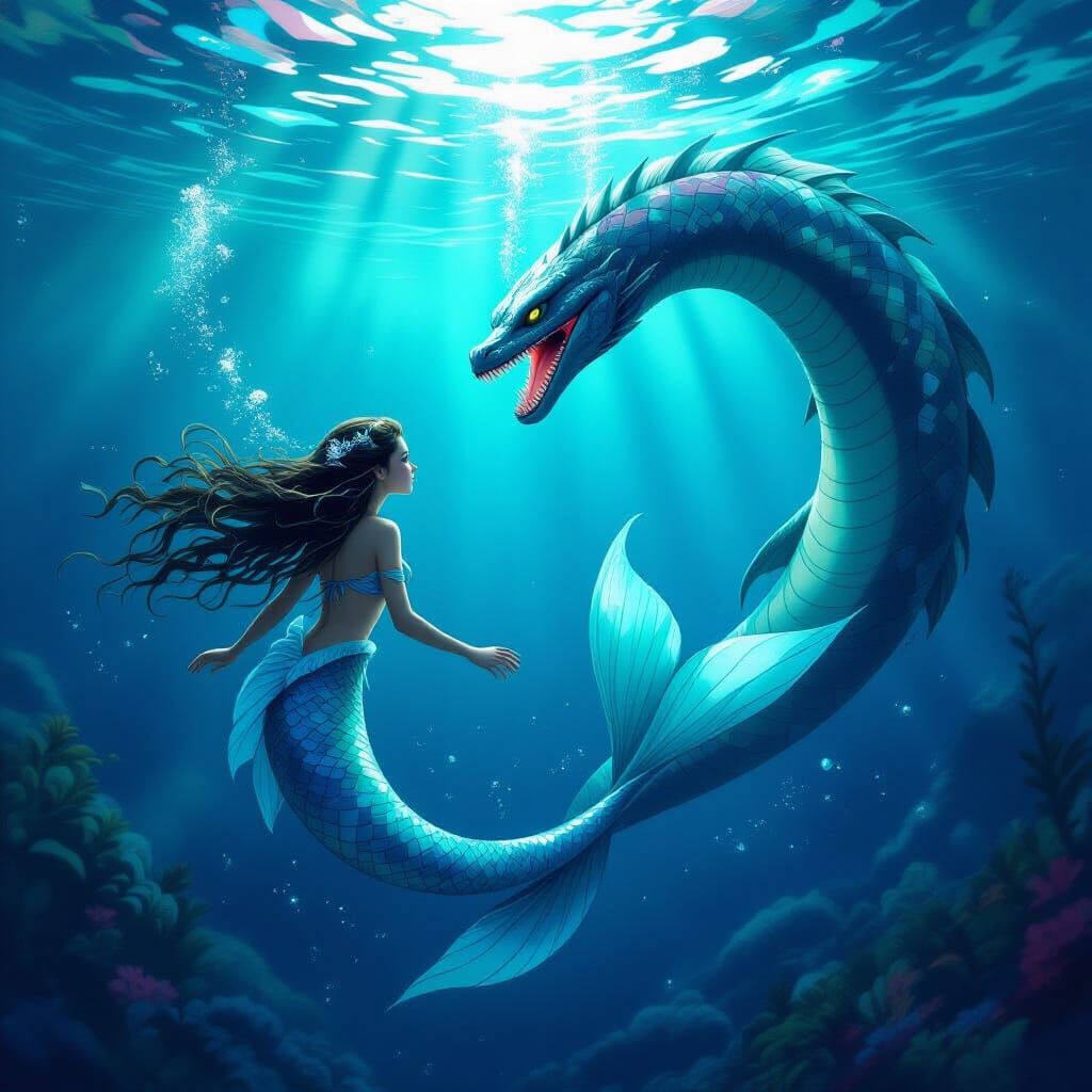 Mermaid and Loch Ness Monster in Cosmic Scene