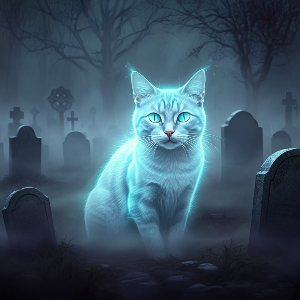 Ethereal Ghost Cat in Misty Cemetery, Digital Art