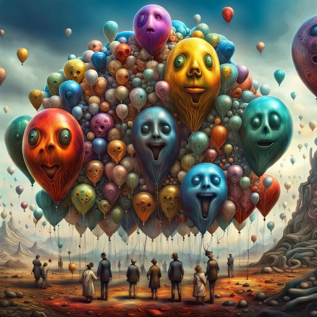 Surreal Characters in Transparent Balloons: Detailed Digital...