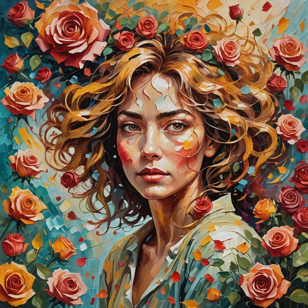 Expressionist Portrait with Roses in Oil Painting Style