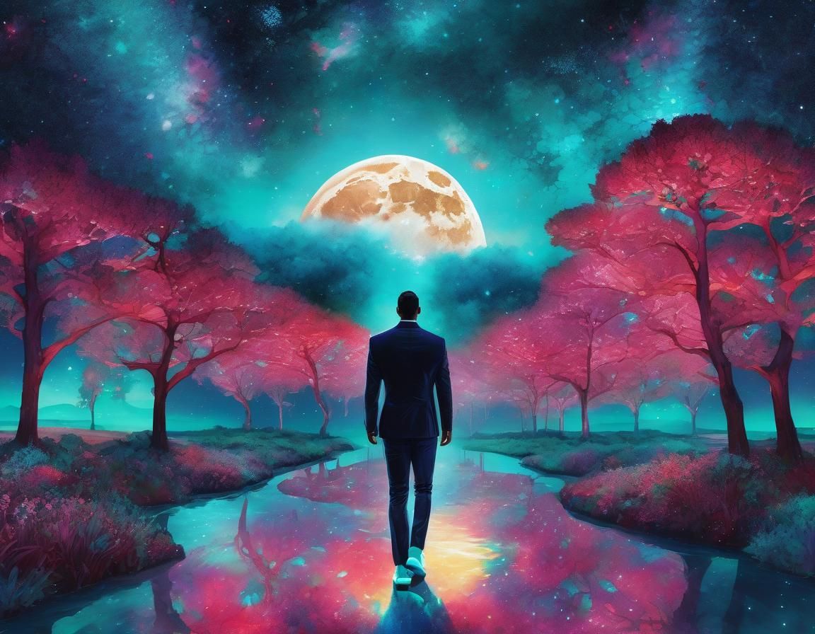 Moonwalk Under Starlight in Digital Watercolor Style