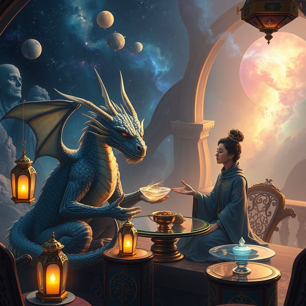 Celestial Dragon Tea House in Nebula, Hyperrealistic Matte P...