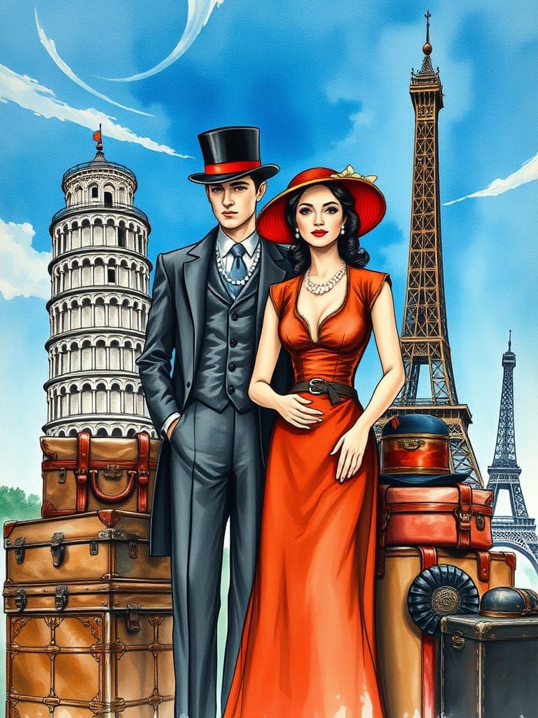 Romantic Vintage Travelers Amidst Iconic Landmarks in Whimsi...