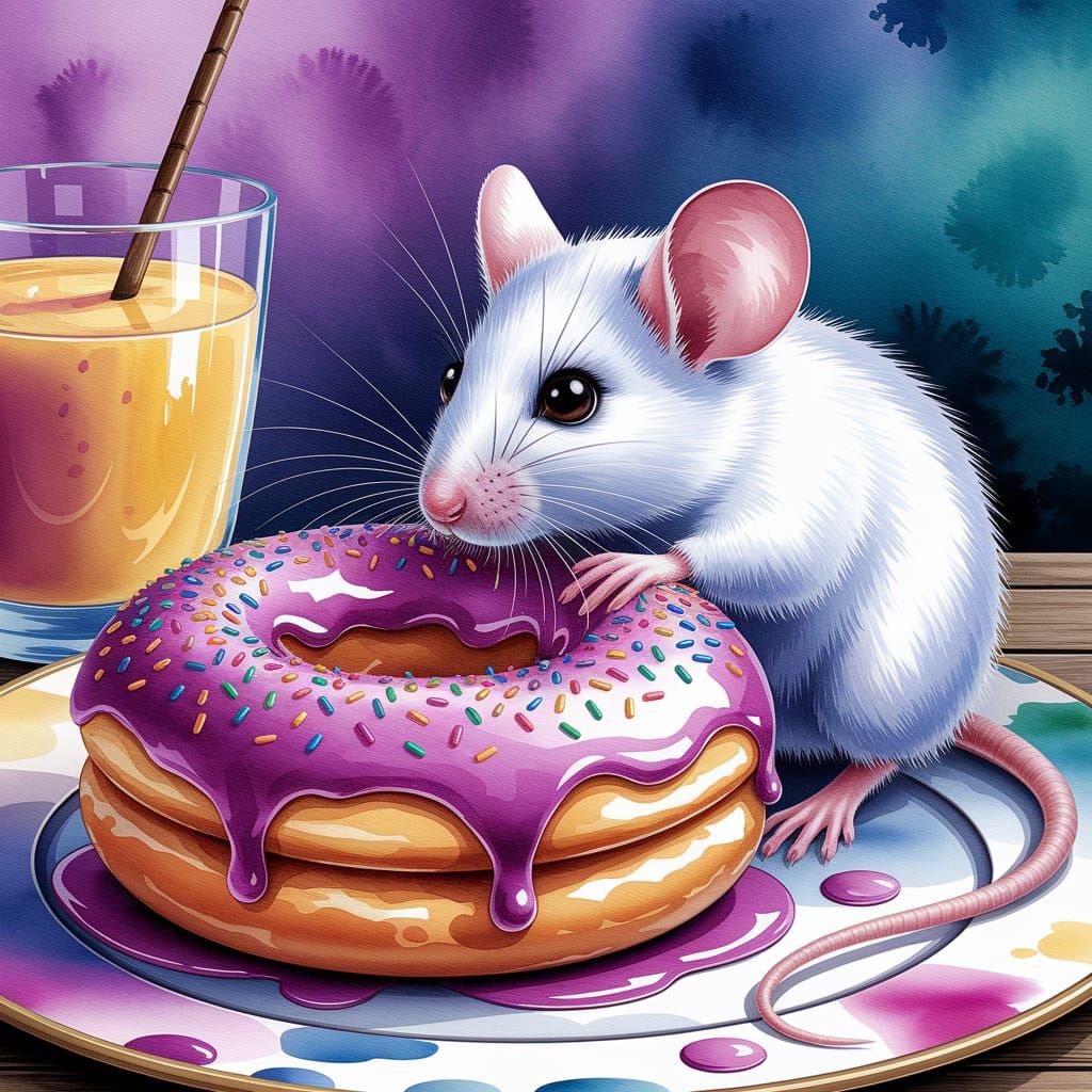 Surreal Watercolor Painting of Mouse Enjoying Jelly Donut