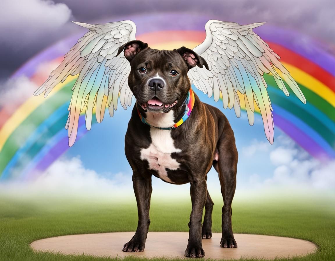 Brindle Staffordshire Terrier with Angel Wings and Rainbow