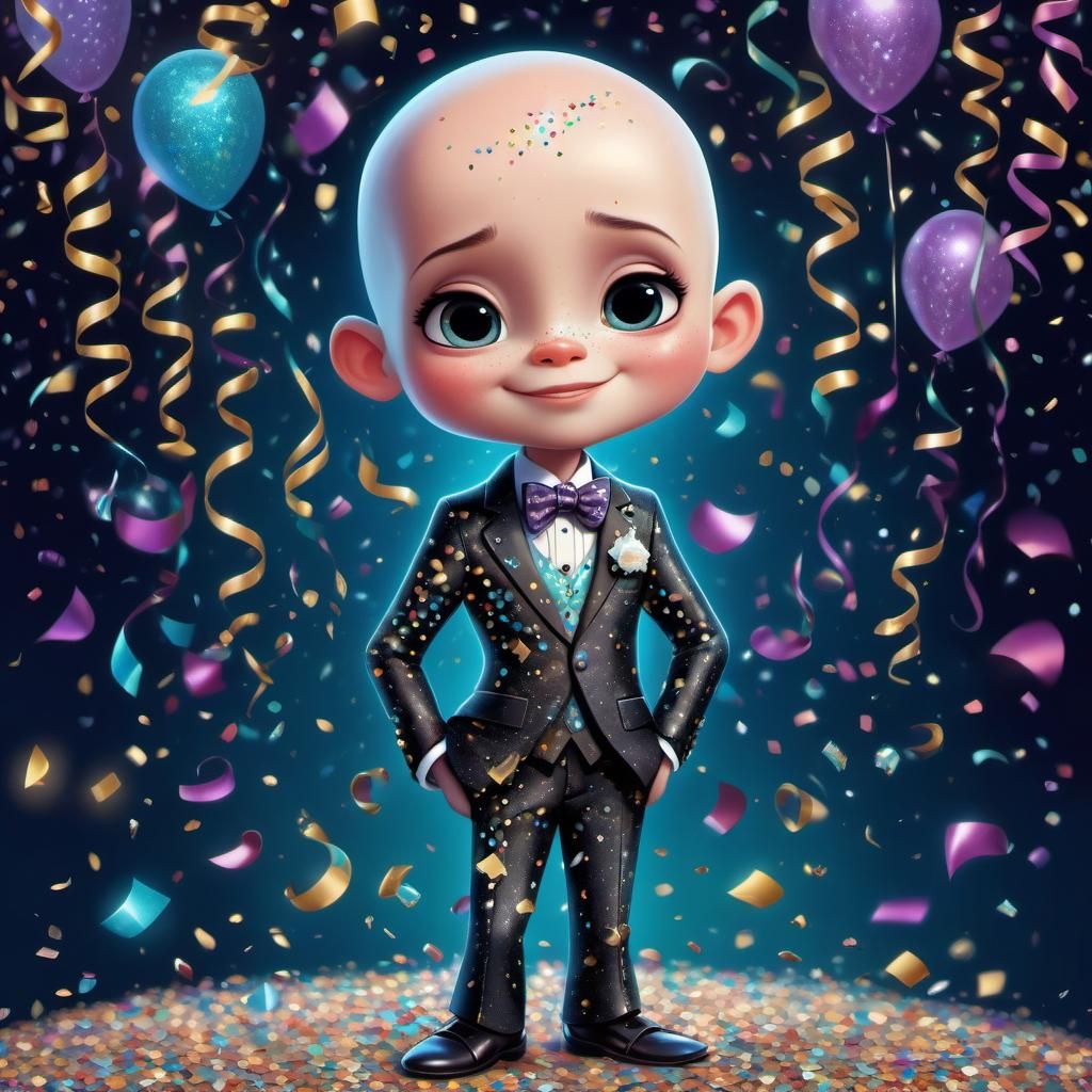 Disney Pixar style 3D adorable little boy, bald head, wearing a fancy party suit, celebrating the end of cancer treatmen...