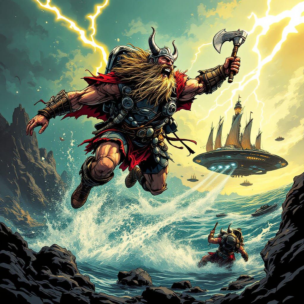 Viking Warrior Soars with Jetpack on High-Tech Fortress Raid