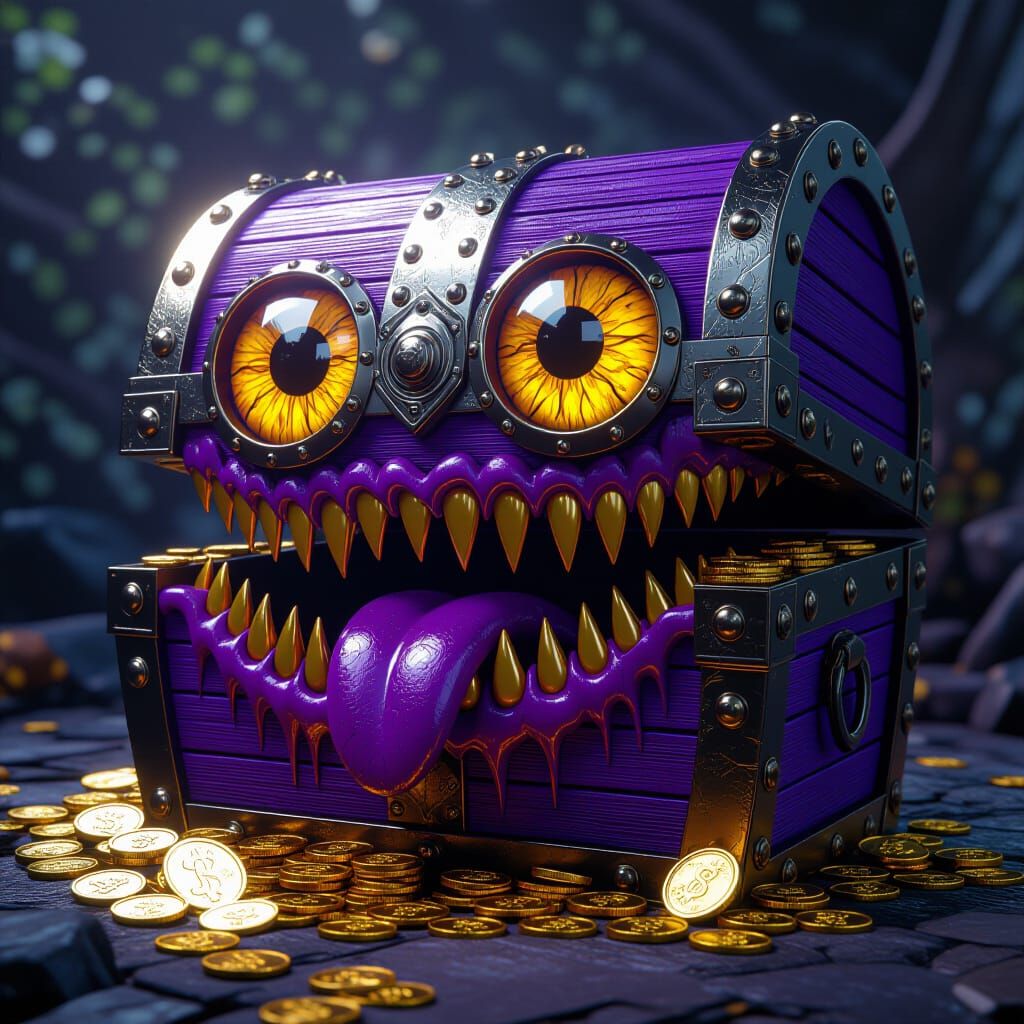 Dark Fantasy Mimic Treasure Chest with Gold Tongue